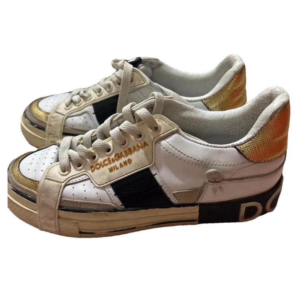 Dolce & Gabbana White and Gold Sneakers with Black Accents